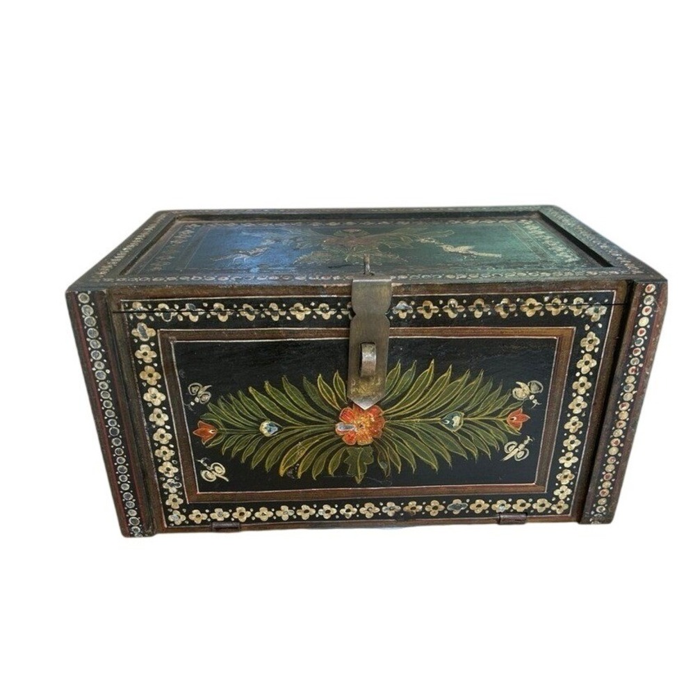 Vintage Hand Painted Wood Jewelry Chest 6 Drawer India Folk Art Floral Box